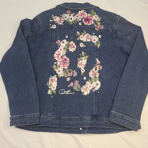 DG2 by Diane Gilman women's Stretch floral printed blue denim jacket. size XL